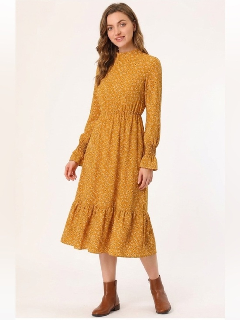 Yellow & White Floral Print Mockneck Long Sleeve Maxi Dress Size Medium